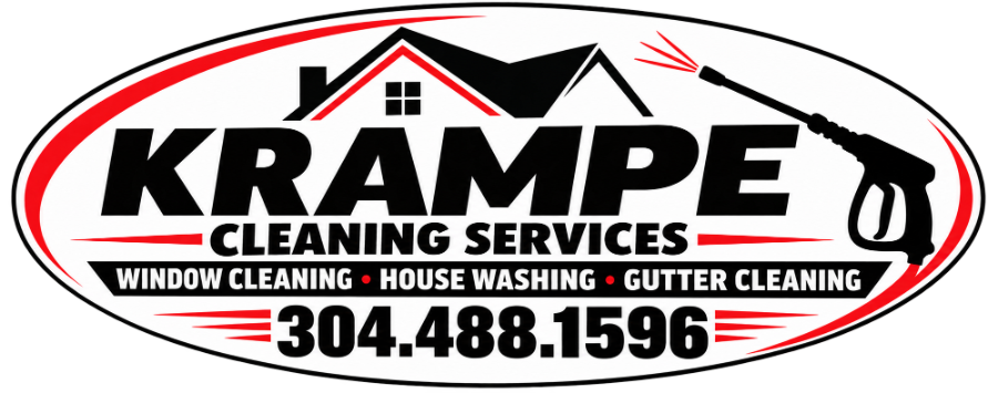 Krampe Cleaning Services logo with house, power washer, and contact number 304.488.1596